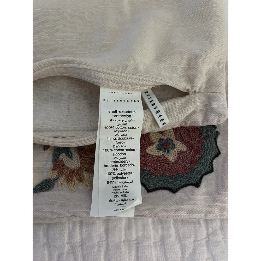 Pottery Barn Penelope Embroidered Pillow Cover 22”x22” EUC 100% Cotton